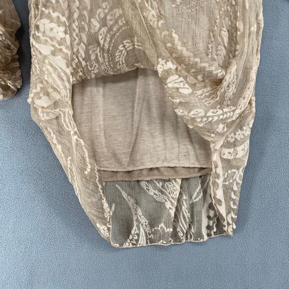 Scandal Italy Crepe Silk Womens Roll Sleeve Blouse S Tan Boho Floral Lagenlook - Picture 7 of 16